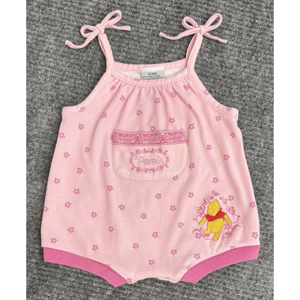 Vintage Disney Winnie The Pooh Baby Bubble Romper Pink Bow Tie Strap Bubble 3/6M
